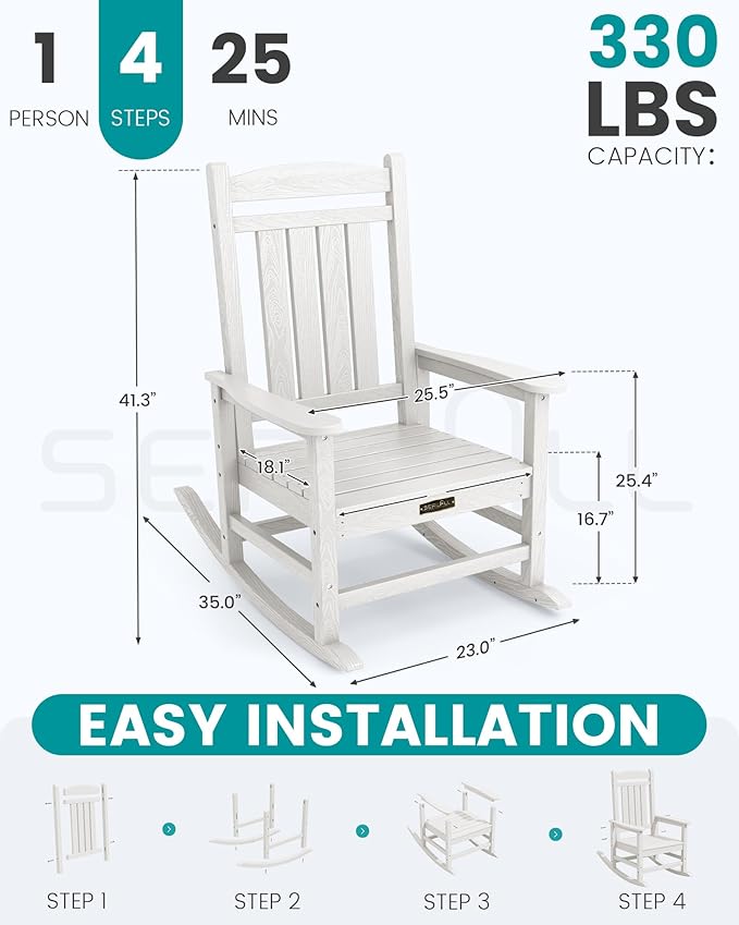 SERWALL Outdoor Rocking Chair, HDPE Patio Rocking Chair All-Weather Porch Rocker for Balcony, Yard, White