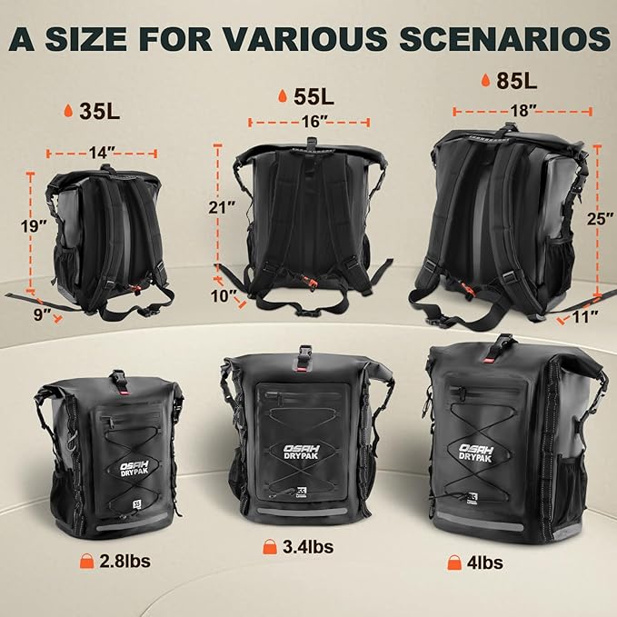 Waterproof Backpack Dry Bag 35L/55L/85L– Heavy Duty Roll-Top Hiking Backpack for Travel, Kayaking, Boating, Camping, Rafting and Fishing