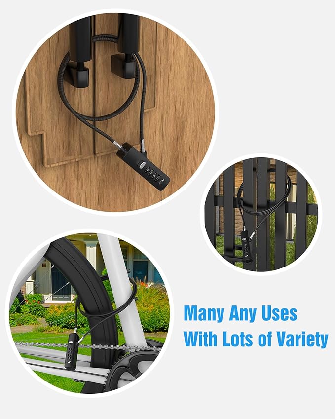 Combination Lock, 4-Digit Steel Cable Locks with Code, Locks for Lockers with 3 Lengths Cables for Bikes, File Cabinets, Wardrobes, Small Fences, Refrigerator Door (Black-1pc)