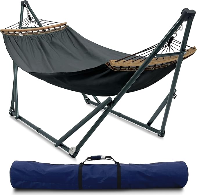 Tranquillo Universal Hammock with Stands Electro Static Coated Steel, Adjustable Foldable Hammock Stand with 2 Layered Polyester Net and Carry Bag for 2 Persons (Canvas - Grey)