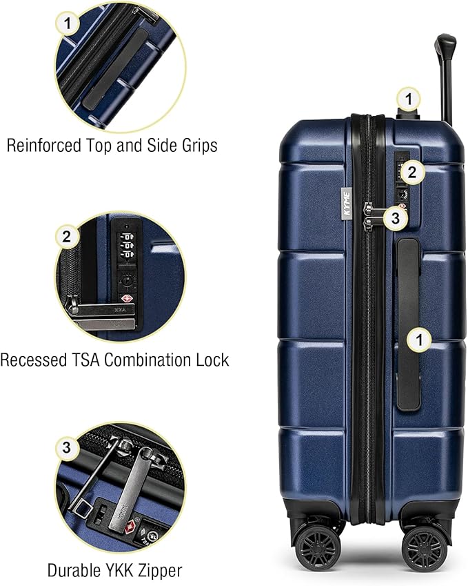 KYME Suitcases with Wheels Hardshell 26 Inch Luggage with TSA Lock Durable Medium Checked Travel Rolling Luggage with Cup Holder for Women Men Navy