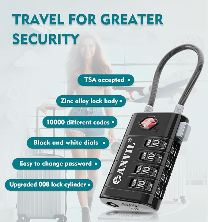 ANVIL 4 Digit Luggage Locks, TSA Locks for Luggage, Advanced TSA008 core, Alert Indicator for Your Travel Lock, Suitcase Lock. (6, Black)
