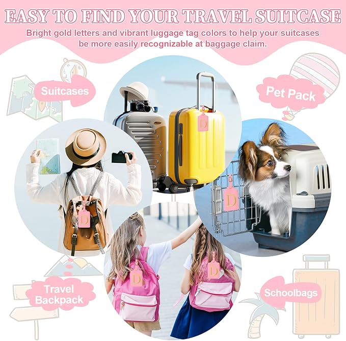 Personalized Initial Luggage Tags for Suitcase, Pink Leather Cute Luggage Tags with Privacy Cover Name Card, Embroidered Custom Monogrammed Luggage Tag Travel Bag Baggage Tags Gifts for Women Kids(D)