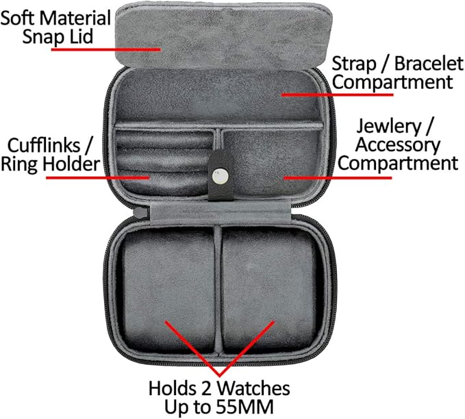 ROTHWELL Gift Box with 6 Slots Leather Watch Box and 2 Watches Travel Case - Storage Box Holder with Glass Top (Black/Grey Gift Box)