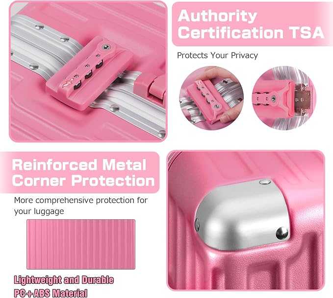 AnyZip Luggage Aluminium Frame Suitcase Hard Shell TSA Lock No Zipper 28In Rose Pink