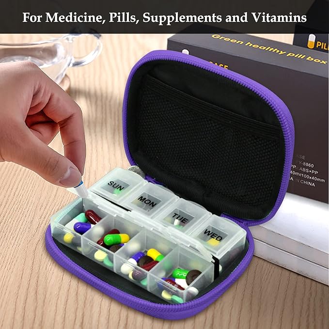 Serfeymi Weekly Travel Pill Organizer Pill Case for Purse with Removable 7 Day Pill Box, Fashionable Travel Medicine Organizer Pill Container for Medicine, Vitamin - Purple 02