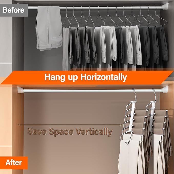 Upgraded Collapsible Pants Hangers Space Saving, 6 Layers Clothes Rack, Stainless Steel Multifunctional Closet Organizer, Non Slip Metal Hangers for Pants Jeans Skirts Trousers (1 Pack)