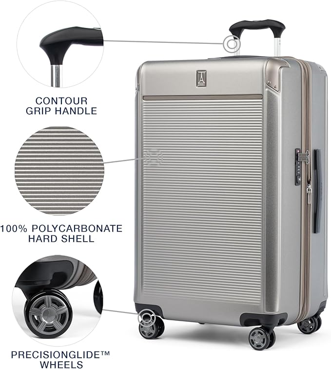 Travelpro Platinum Elite Hardside Expandable Checked Luggage, 8 Wheel Spinner, TSA Lock, Hard Shell Polycarbonate Suitcase, Metallic Sand, Checked Large 28-Inch