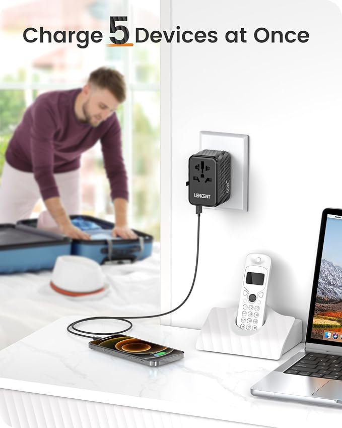 LENCENT Universal Travel Adapter, 65W GaN International Fast Charger with 2 PD3.0 Type C+2 QC USB A, Worldwide Power Adaptor for Phones,Laptops, All in One Travel Essentials for EU/USA/UK/AU, Black