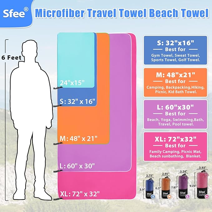 Sfee 2 Pack Microfiber Travel Towel, Quick Dry Towel Camping Towel Beach Towel Super Absorbent Compact Lightweight Sports Gym Towels Set for Beach, Gym, Hiking, Pool, Backpacking, Bath, Yoga