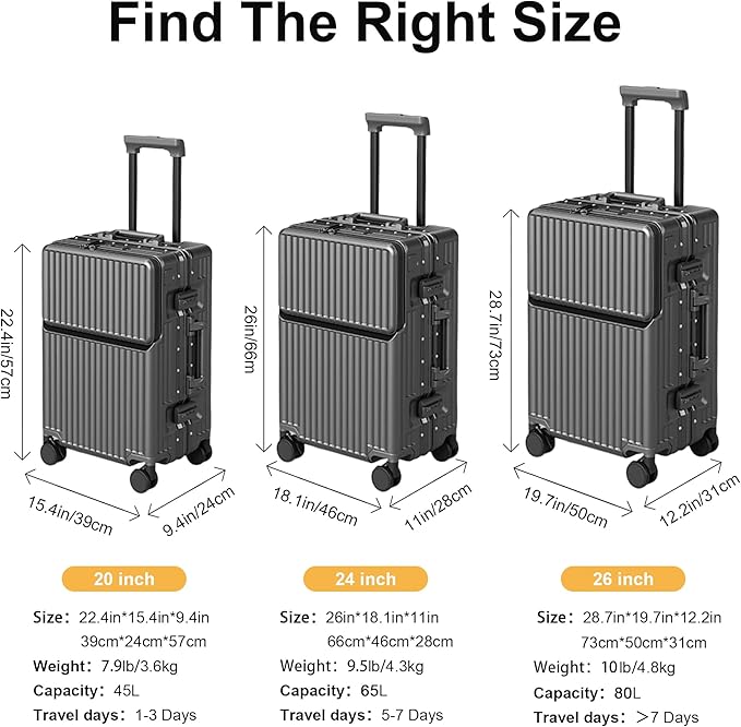 Zipperless Luggage, Polycarbonate Aluminum Hard Shell, Expandable Carry-On Suitcase with Spinner Wheels, Hard Shell Suitcase, 26 Inch Cabin