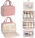 Hanke Hanging Travel Toiletry Bag for Women with Jewelry Organizer Compartment, Travel Essentials Toiletries and Makeup Bag, Water-Resistant & Stain-Resistant with Trolley Strap (Pink)