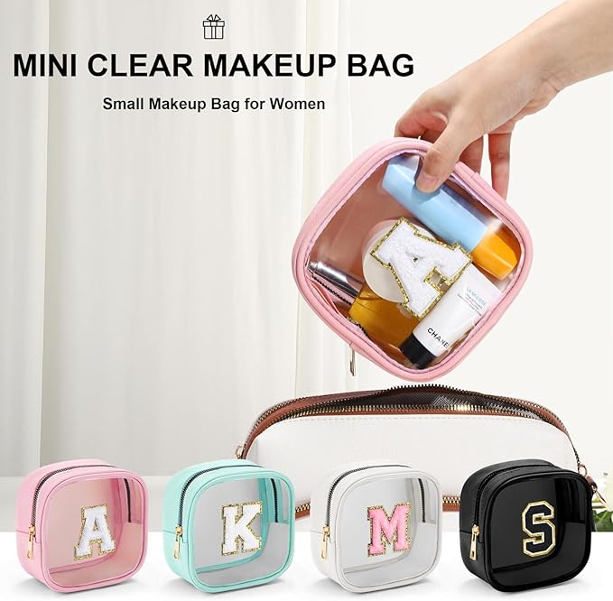 YOOLIFE Initial Makeup Bag Travel Toiletry Bag, Clear Makeup Bag Car Accessories For Women Clear Makeup Bags With Zipper Girlfriend Teacher 13 Year Old Girl Gifts Daughter Girl Gifts Mini Black R