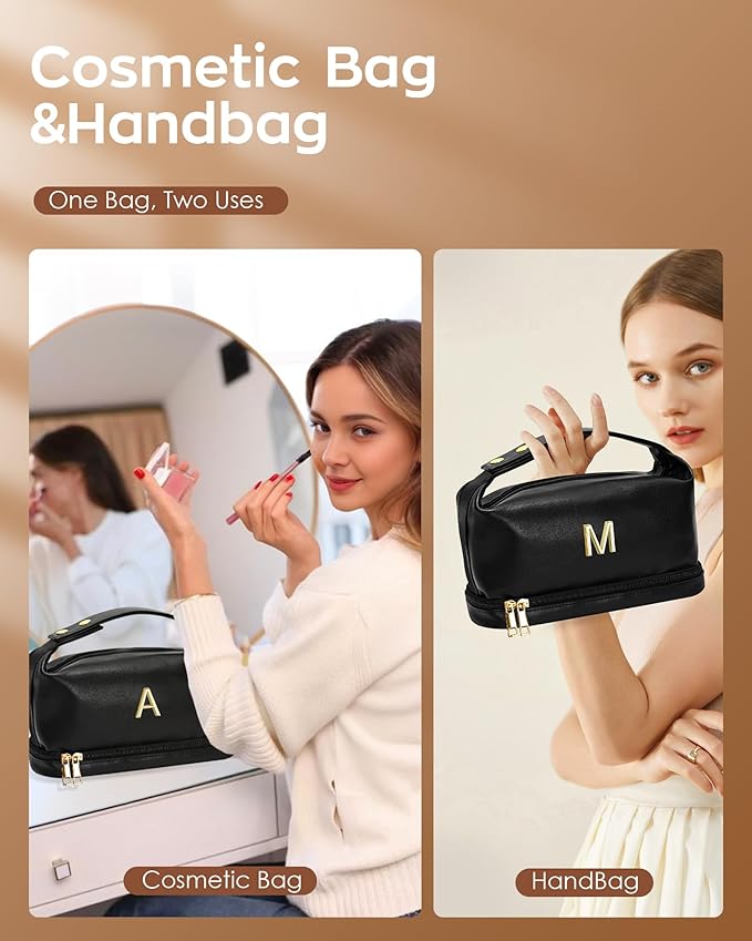 Graduation Gifts for Her, Personalized Makeup Bag with Handle, Initial Double Layer Cosmetic Bag with Makeup Brush Organizer, PU Leather Travel Toiletry Bag, Gifts for Friends Female Mom