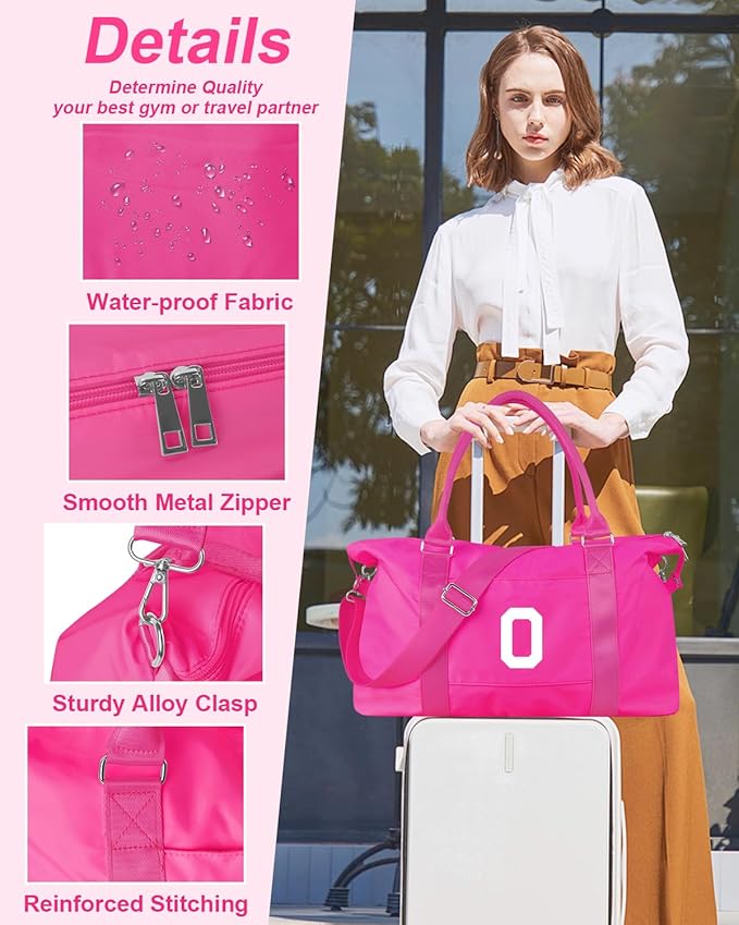 Overnight Bag for Kids Teen Girls Weekender Dance Bag Birthday Graduation Gifts,Initial Travel Duffel Bag Sports Gym Bag Personalized Weekender Bag Carry On Bags Preppy Gifts for Women(Hot Pink, O)