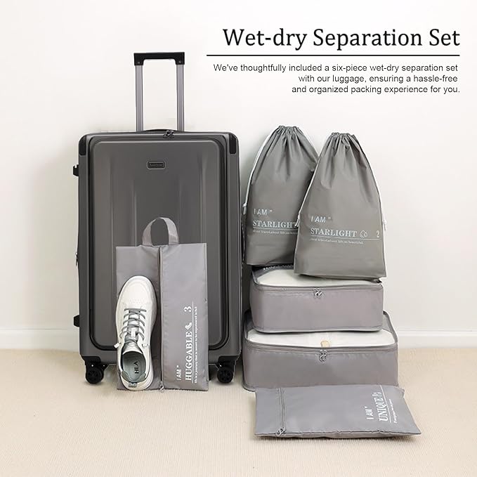 Premium Carry On Luggage, 29 Inch Top Opening Aluminum Frame Airline Approved ABS+PC Hard Shell Suitcases with Silent Wheels, TSA Lock, Front Pocket & Wet-dry Separated Six-piece set