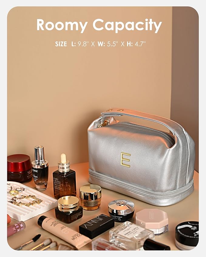 College Girl Gift Ideas, Personalized Makeup Bag with Handle, Initial Double Layer Cosmetic Bag with Makeup Brush Organizer, Cute Cosmetic Pouch for Women, Gift Ideas for Co Workers
