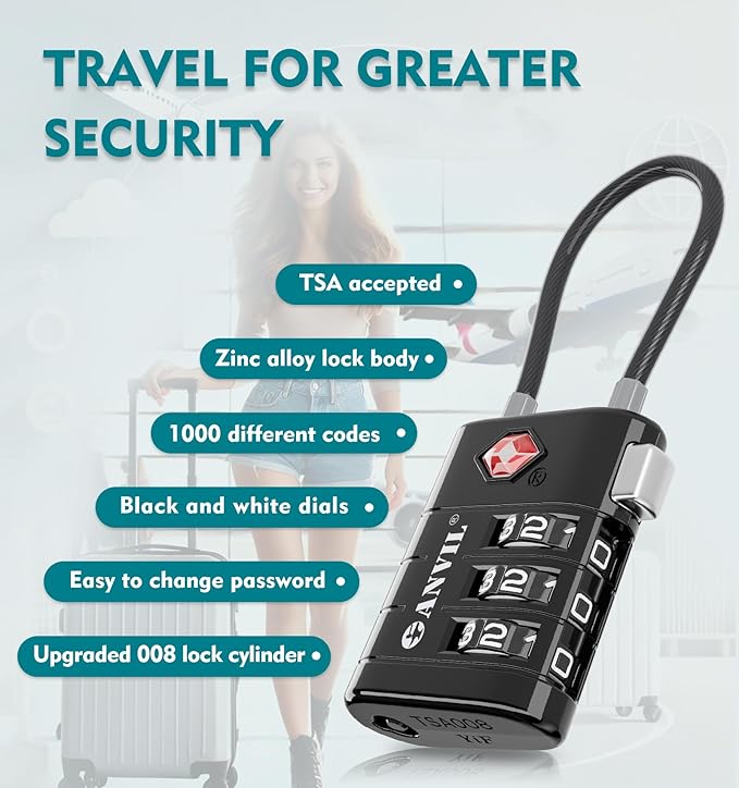 ANVIL TSA Approved Luggage Locks – High Security TSA008 Combination Travel Locks with Inspection Indicator for Suitcases and Backpacks. (8, Black)