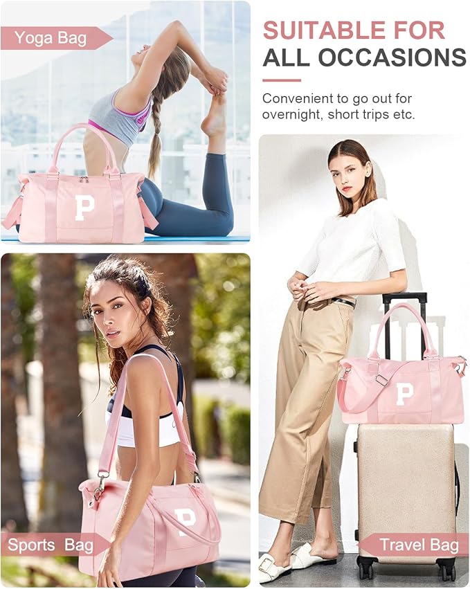 Initial Travel Duffel Bag Sports Gym Bag for Girls Teen Birthday Gifts,Pink Personalized Weekender Bag Carry On Tote Bags for Women Men,Waterproof Overnight Luggage Bag with Trolley Sleeve(Letter P)