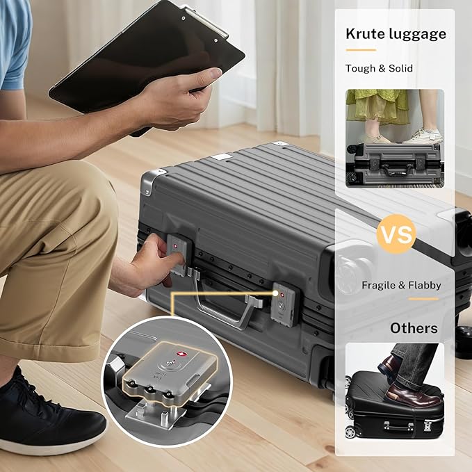 Krute Checked Aluminum Frame Suitcase 24 Inch Zipperless Luggages Hardside PC Luggage With Spinner Wheels TSA Lock USB Charger Suitcases(1 Piece)