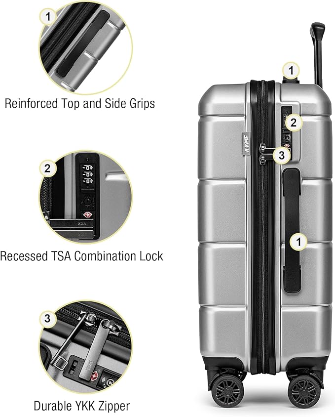 KYME Suitcases with Wheels Hardshell 26 Inch Luggage with TSA Lock Durable Medium Checked Travel Rolling Luggage with Cup Holder for Women Men Silver Grey