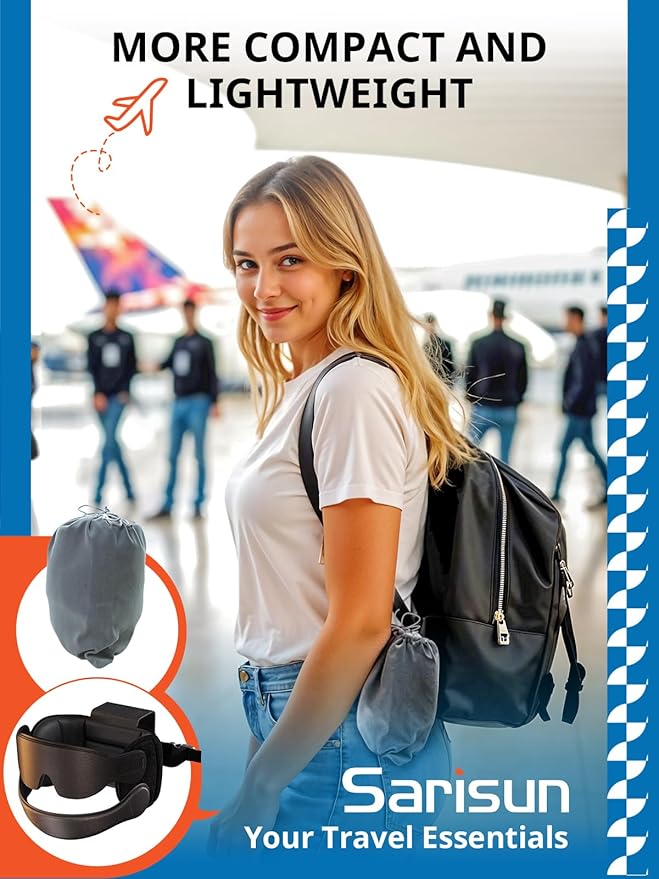 Travel Pillow Combo with Chin Strap, Airplane Pillows with 3D Eye Mask for Sleeping, 360° Support Plane Head Strap for All Plane Seats, Long Flights Essentials, Stop Bobblehead, Black