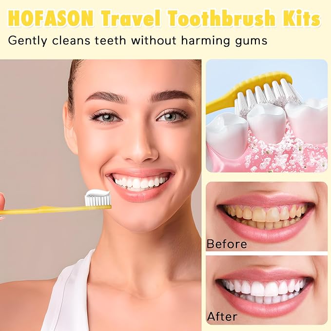 HOFASON Disposable Toothbrushes with Toothpaste Pack of 20, Yellow Hollow Travel Toothbrush Set with 5g Toothpaste Individually Wrapped Toothpaste Bulk for Homeless, Nursing Home, Shelter, Hotel
