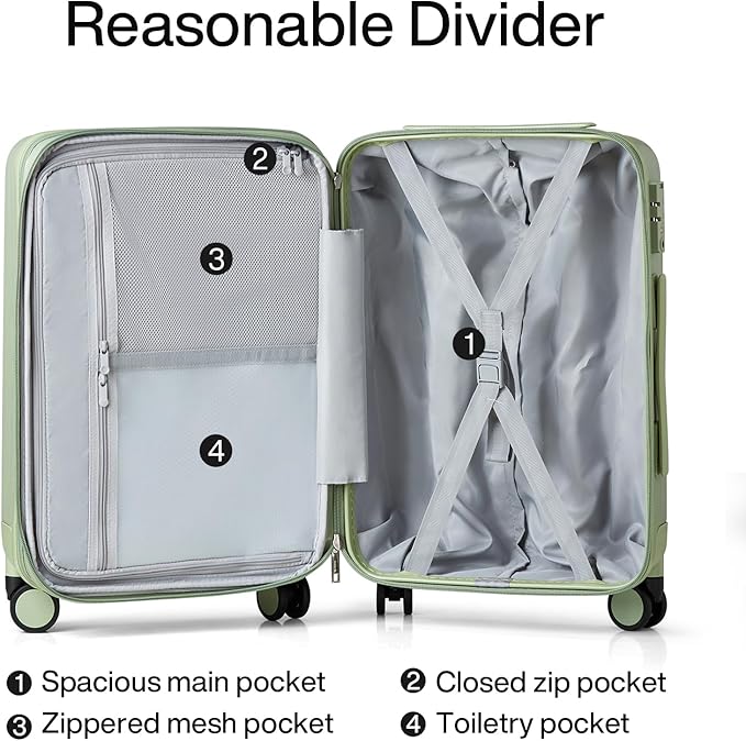 Hanke 20 Inch Expandable Carry on Luggage 22x14x9 Airline Approved Lightweight PC Hard Shell Suitcases with Wheels Travel Luggage Rolling Suitcase Travel Luggage Bag for Weekender(Bamboo Green)