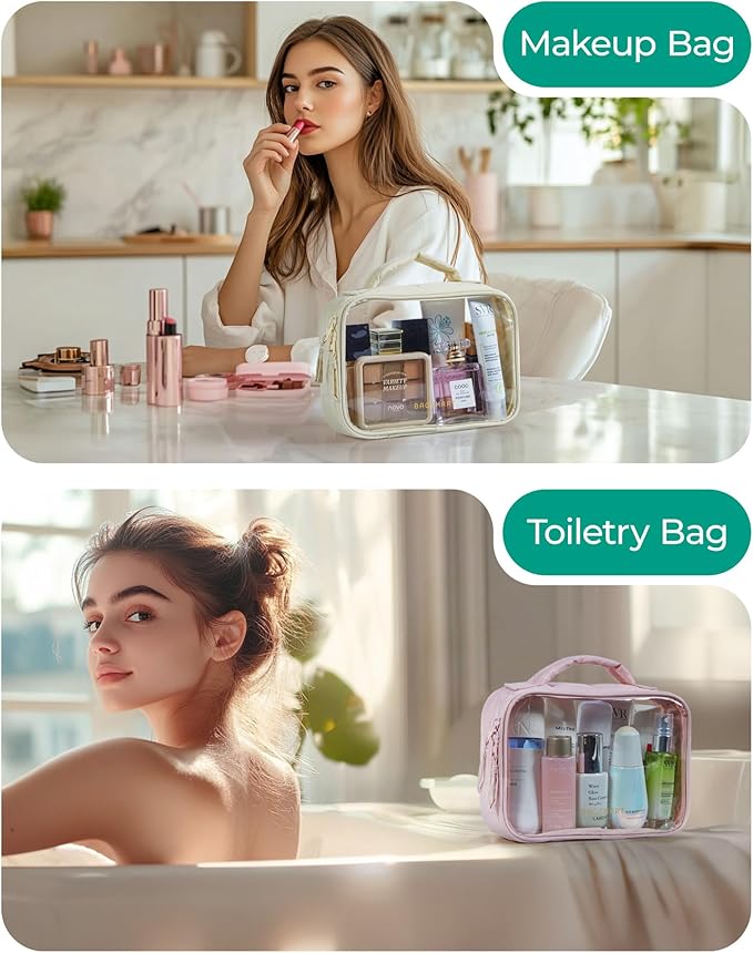 BAGSMART 2 Pack Clear Toiletry Bag, Puffy Edges TSA-Approved Travel Toiletry Bag, Large Opening with Handle, Cosmetic Organizer with Double Zipper for Women