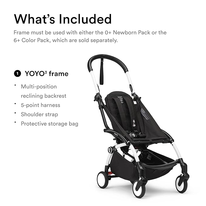Stokke YOYO3 Frame, White - Textile Set Not Included - Comes with 5-Point Harness, Multi-Position Reclining Backrest, Canopy Extensions, Padded Shoulder Strap & Protective Storage Bag