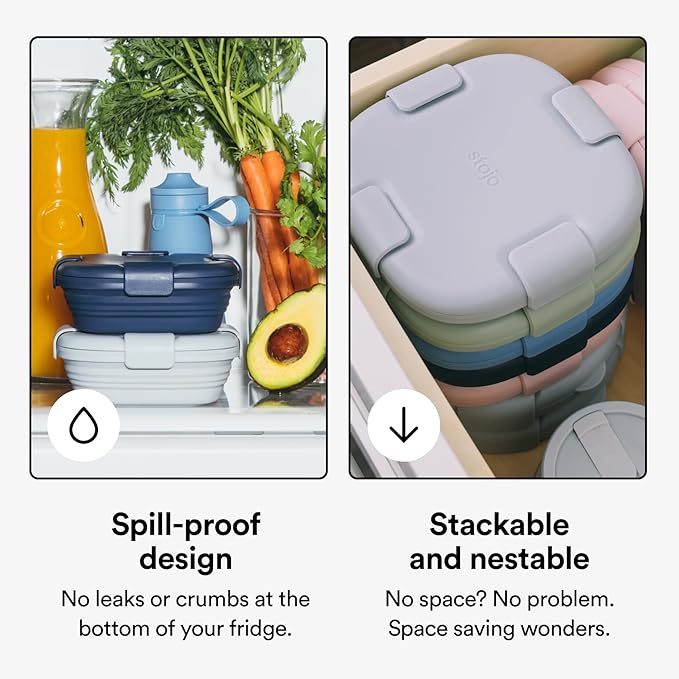 STOJO Collapsible Sandwich Box – 24oz, Reusable Food Storage Container, Silicone Bowl for Hot/Cold Food – Meal Prep, Lunch, Camping, Hiking – Dishwasher Safe (Set of 3, Translucent Denim)