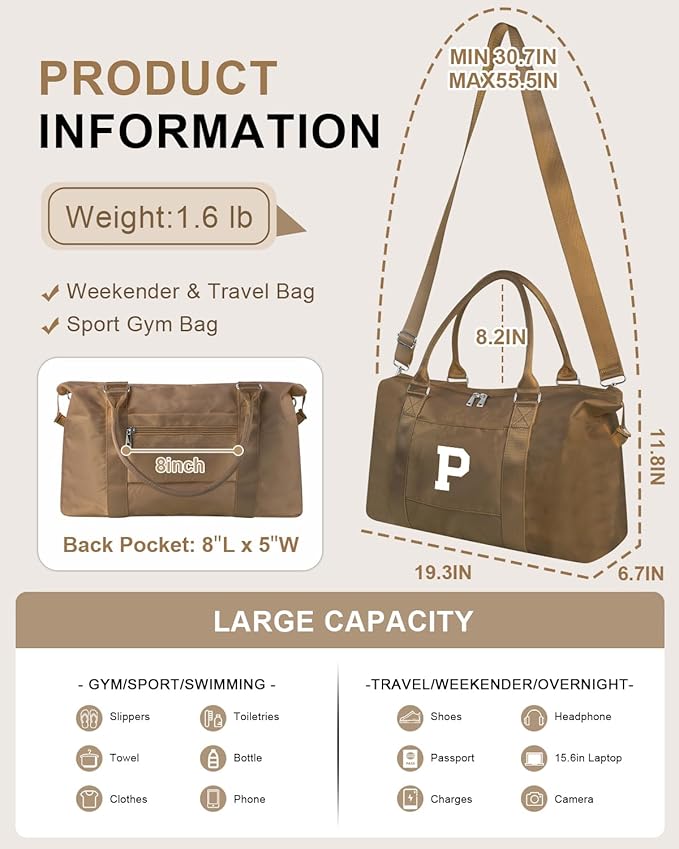 Birthday Graduation Gifts for Daughter,Initial Travel Duffel Bag Sports Gym Bag for Girls Teen Kids Birthday Gifts,Personalized Weekender Bag Carry On Tote Bags Cute Overnight Bag for Women(Brown, P)