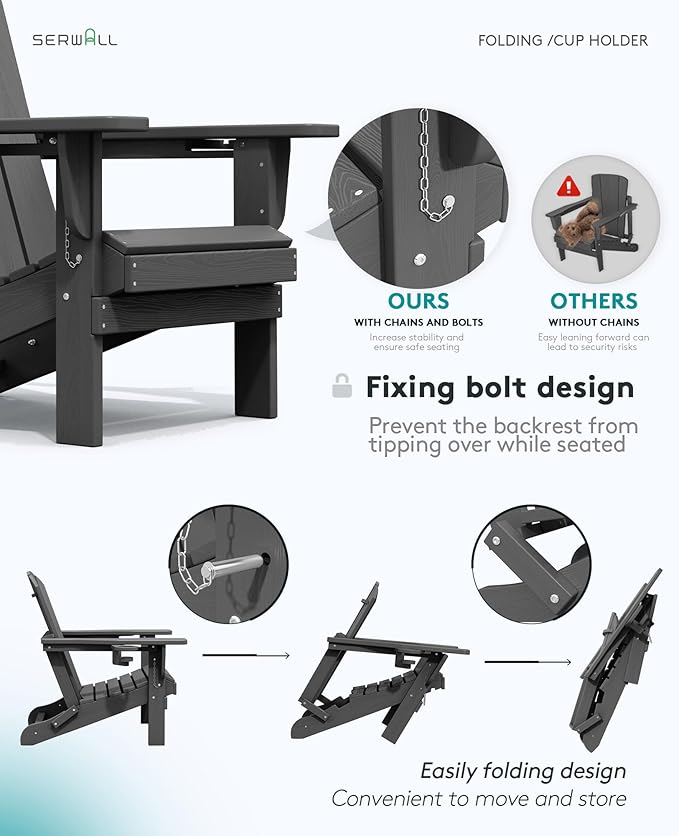 SERWALL Foldable Adirondack Chair, HDPE Adirondack Chair with Wood-Texture-Gray