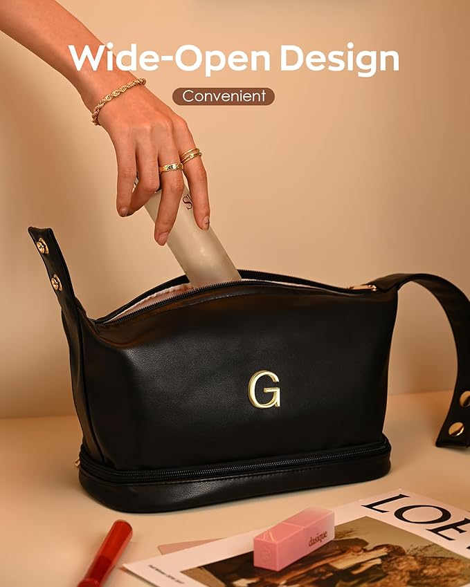 Makeup Bags Personalized Bags with Handle, Waterproof Double Layer Cosmetic Bag, Large Capacity PU Leather Makeup Bags Letter Travel Toiletry Bag with Makeup Brush Organizer
