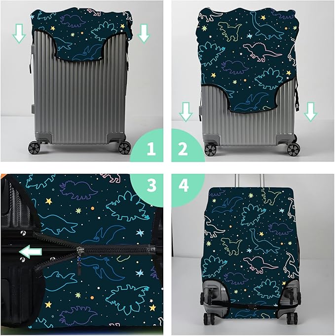 Luggage Cover Suitcase Protector Plus 1 Luggage Tag, Dinosaurs Space Travel Suitcase Cover Suitable for 26-28 inch Luggage (L) with Concealed Zipper Washable Elastic Cloth Dustproof Anti-Scratch