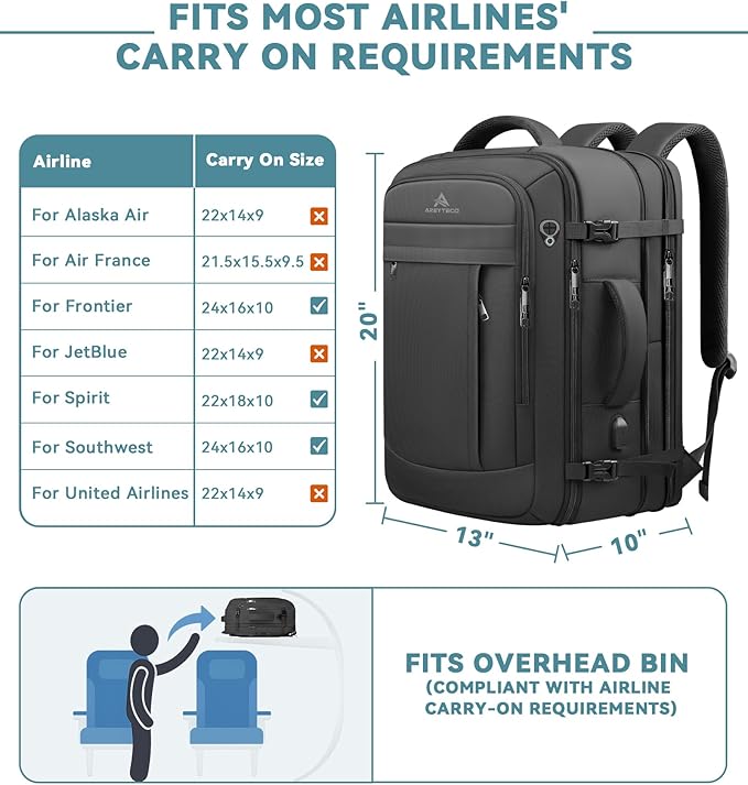 Travel Backpack, 50L Expandable Extra Large Laptop Backpack, Carry On Backpack Water Resistant Business Suitcase Daypack Bag Fits 17 Inch Laptops, Travel Gifts for Men Women, Black