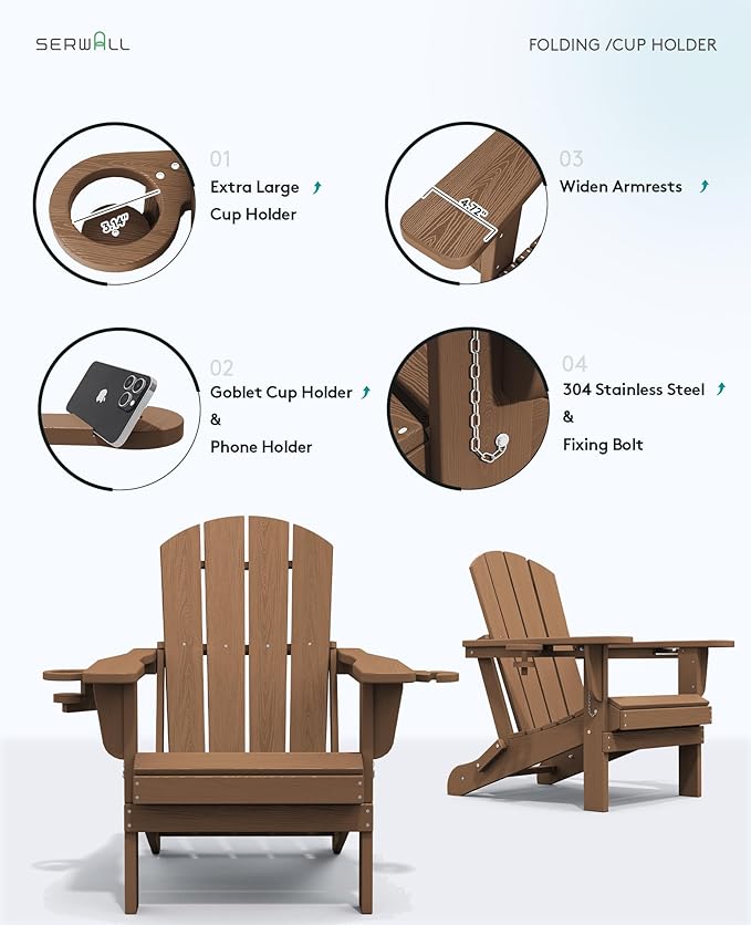 SERWALL Adirondack Chair with Cup Holders - Composite Adirondack Chairs Set of 8 HDPE Outdoor Chairs All Weather Use- Brown