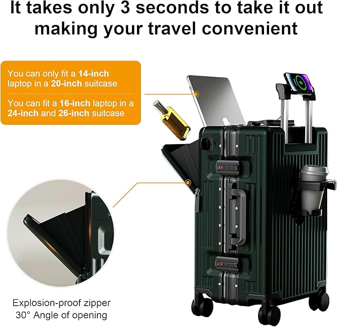 Zipperless Luggage, Polycarbonate Aluminum Hard Shell, Expandable Carry-On Suitcase with Spinner Wheels, Hard Shell Suitcase, 24 Inch Cabin
