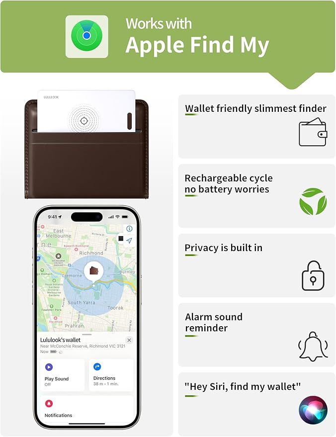 LULULOOK Wallet Tracker Card (iOS Only), Ultra Slim Airtag Wallet Works with Apple Find My, Wireless Rechargeable GPS Smartcard Tracker for Luggage, Tags, Passport, Purse, IP68 Waterproof, 1 Pack