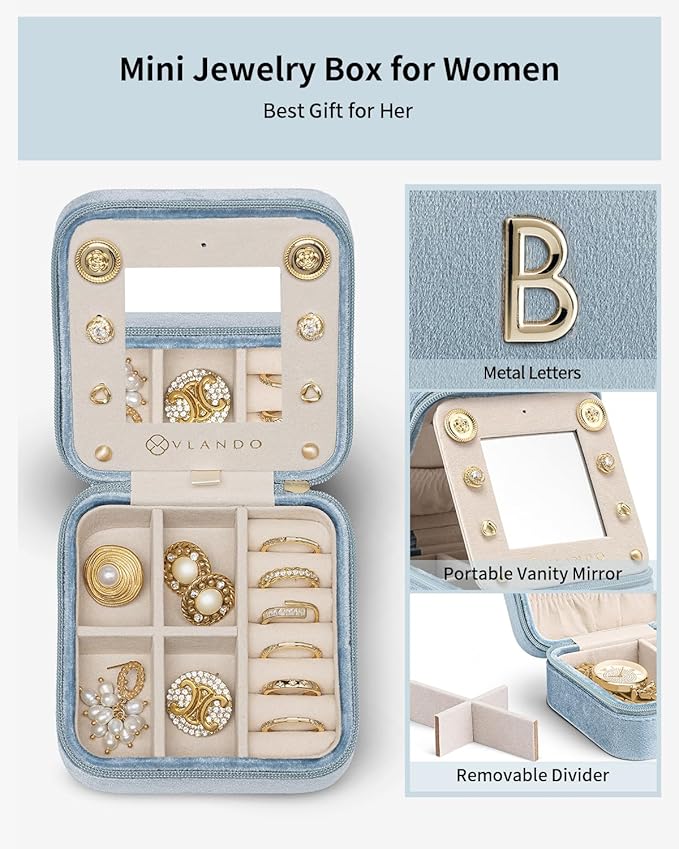 Vlando Preppy Stuff for Teen Girls, Girls Jewelry Box, Teen Girl Chid Gifts Trendy Stuff, Monogrammed Gifts Travel Jewelry Case, Gifts for Teen Girls, Things for Teen Girls - Letter B, Blue