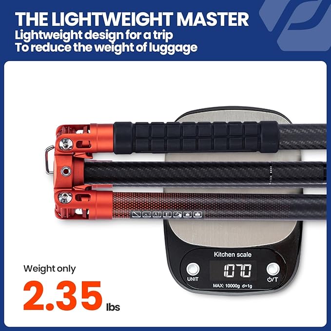 Fotopro 62 Inch Carbon Fiber Tripod 2.3lbs Ultralight Portable Travel Video Tripod for Camera DSLR Lightweight Load up to 22lbs X-Aircross 3 Video Orange