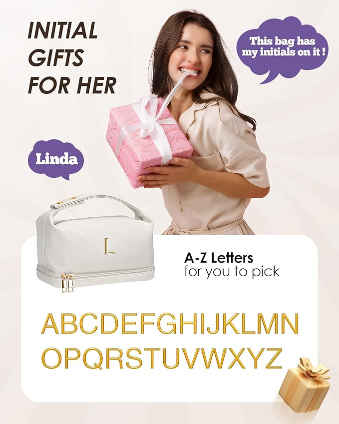 Gifts for Teen Girls, Initial Makeup Bag, Personalized Bags with Handle, Waterproof Double Layer Cosmetic Bag, Large Capacity PU Leather Makeup Bags Letter Travel Toiletry Bag, Friend Gifts