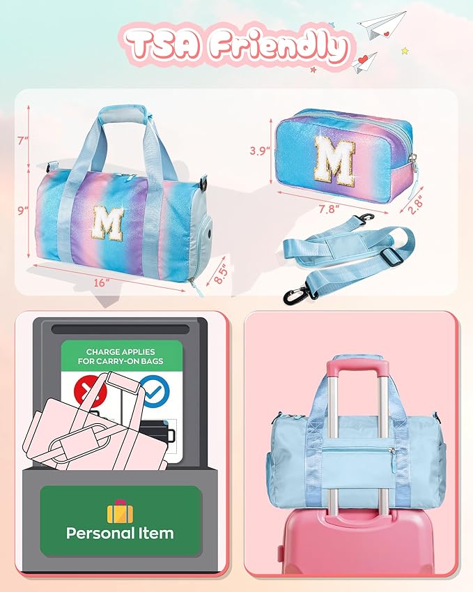 Gifts for 4 5 6 7 8 9 10 Year Old Girls-Girl Gym Bag with Shoe Compartment, Kid Personalized Weekender Overnight Bags, Initial Travel Tote with Makeup Pouch, Gift for Daughter (Letter G)