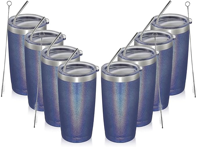 MEWAY 20oz Tumbler 8 Pack Double Wall Vacuum Insulated Travel Glitter Mug Bulk, Stainless Steel Tumblers with Lid and Straw, Powder Coated Coffee Cups for Woman(Rainbow Navy,Set of 8)