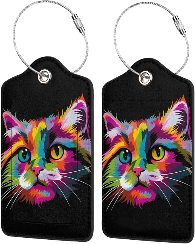 Cat Leather Luggage Tag with Stainless Steel Ring, Fun Name Id Card Cover Travel Bag Tag Set, Suitable for Travel Bag Luggage Women Men 4 PCS