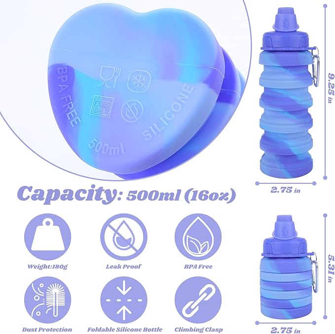 Collapsible Water Bottle for Adults, Boys, Students, Kids, Reusable Silicone Foldable Water Bottles for Travel Camping Hiking, Portable Sports Water Bottle, Purple & Blue