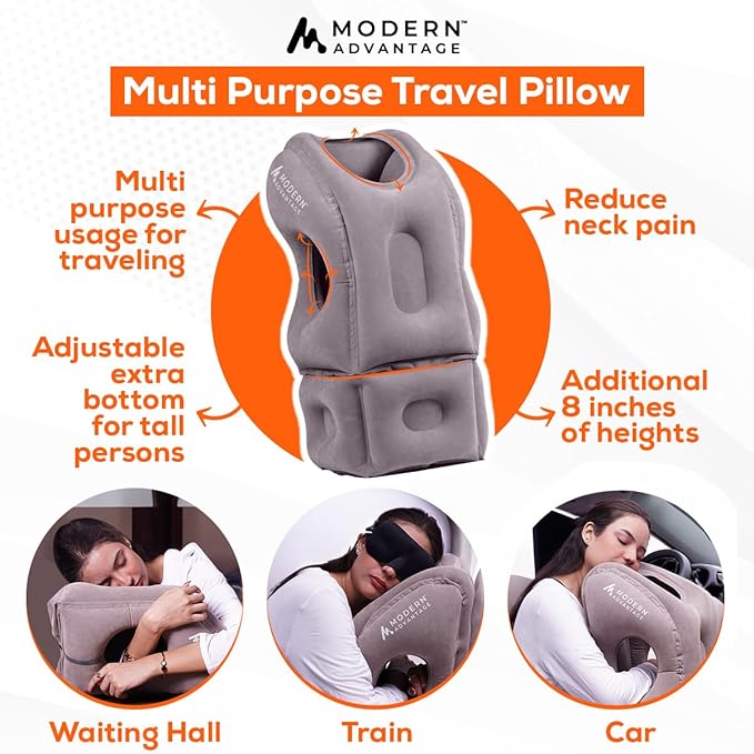 Modern Advantage Inflatable Travel Pillow for Airplanes with Adjustable extra Bottom, Support head & chin to avoid Neck & Shoulder Pain for Travelling office napping with Eye Mask & Earplug, Pack of 2