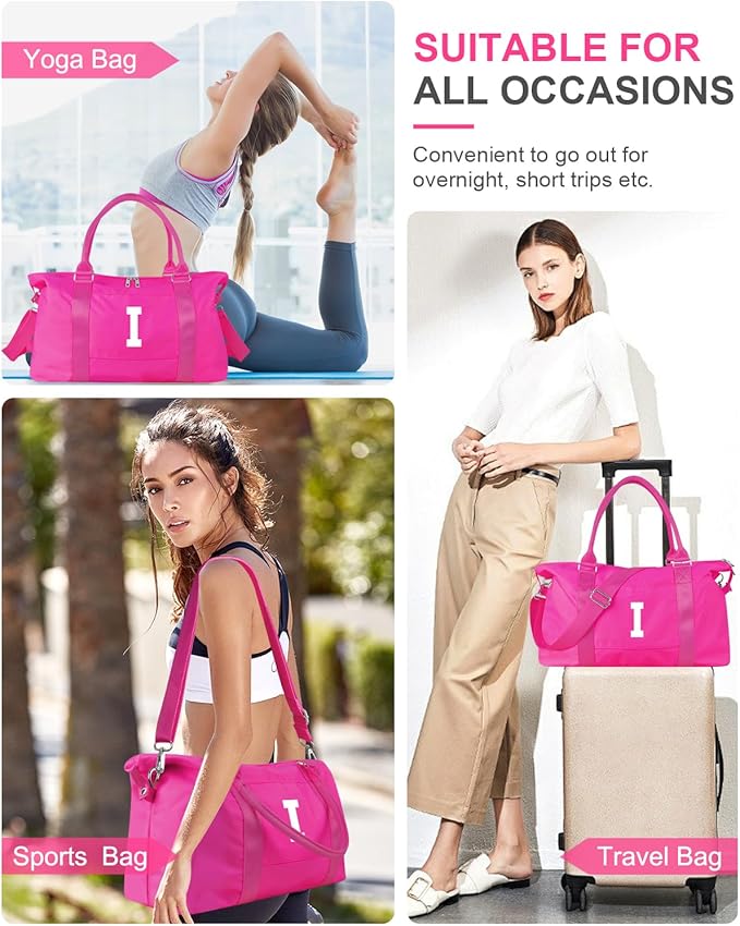 Overnight Bag for Kids Teen Girls Weekender Dance Bag Birthday Graduation Gifts,Initial Travel Duffel Bag Sports Gym Bag Personalized Weekender Bag Carry On Bags Preppy Gifts for Women(Hot Pink, I)