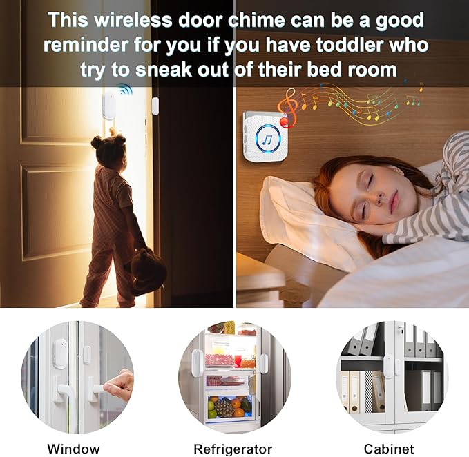SanJie Door Chimes When Door Opens for Home - Door Alarm with Chime Adjustable Volume,5 Magnetic Door Sensors & 2 Plug-in Receivers - Door Open Chime - Indoor Range 500ft 2 Receivers + 5 Sensors