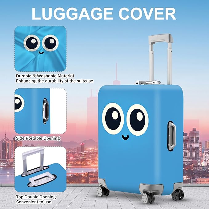 ANNA QUEEN Cute Smiley Face Luggage Cover, Blue Cartoon Suitcase Protector with Big Eyes Design, Stretchable, Washable Travel Cover for 32-34 Inch Luggage